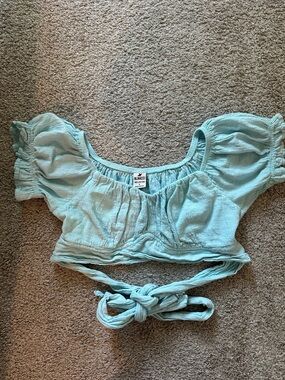 Light Aqua Puff-Sleeve Wrap Crop Top